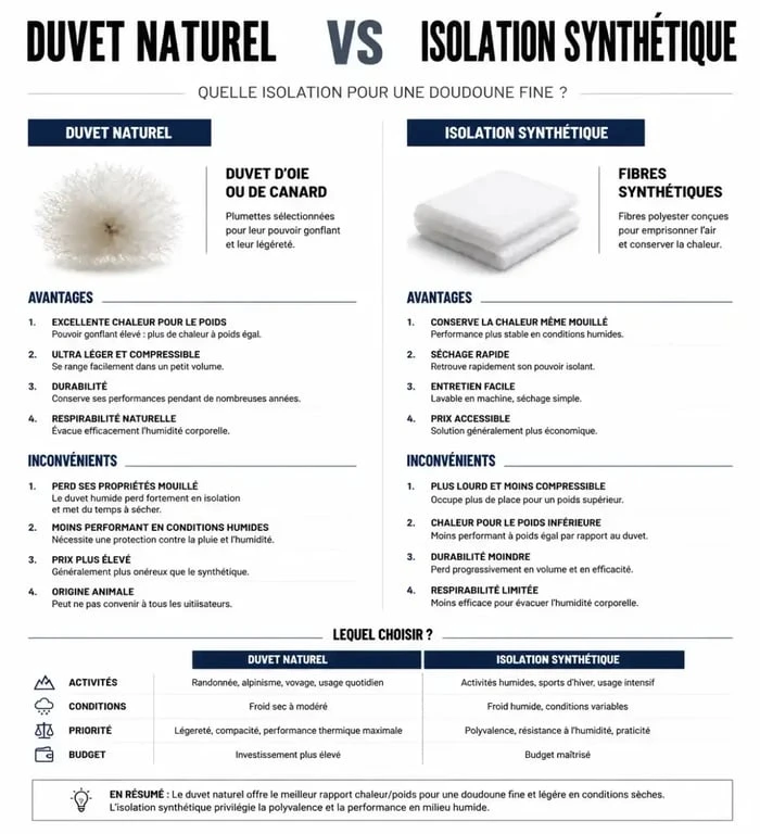 Comparatif des matériaux pour doudoune fine pour homme : duvet naturel vs isolation synthétique