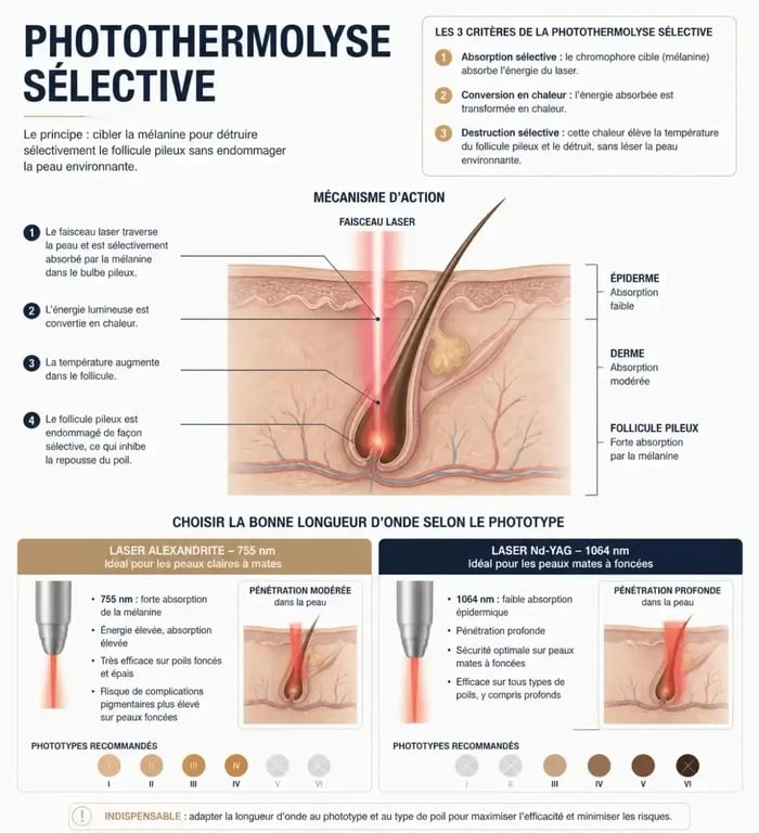 Schéma explicatif du fonctionnement de l'épilation définitive au laser et des différentes technologies selon le phototype de peau