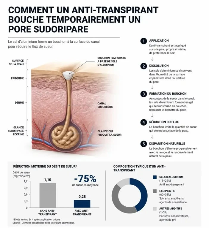 Schéma explicatif du fonctionnement d'un anti-transpirant sur le pore sudoripare pour choisir le meilleur anti transpirant