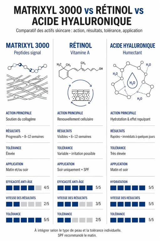 Comparatif des actifs anti-âge : Matrixyl 3000, Rétinol et Acide Hyaluronique pour une routine beauté efficace