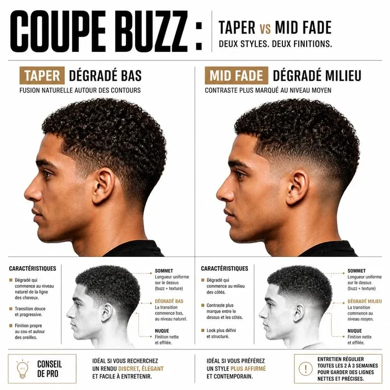 Comparaison visuelle entre un taper et un mid fade pour une buzz cut sur cheveux bouclés