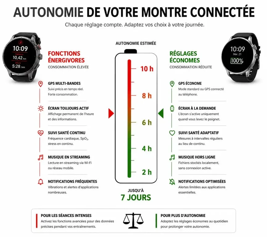 Infographie sur les facteurs influençant l'autonomie d'une montre connectée