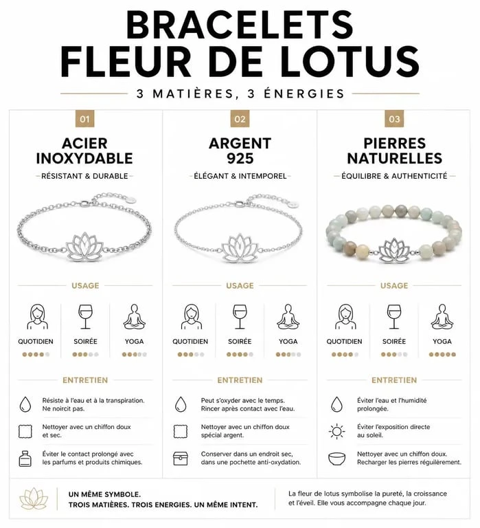 Comparatif des matériaux pour bracelet fleur de lotus : acier, argent et pierres naturelles