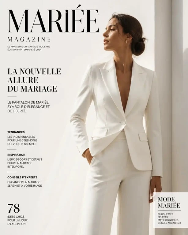 Mariée moderne en tailleur-pantalon blanc élégant pour une tenue de mariage civil chic.