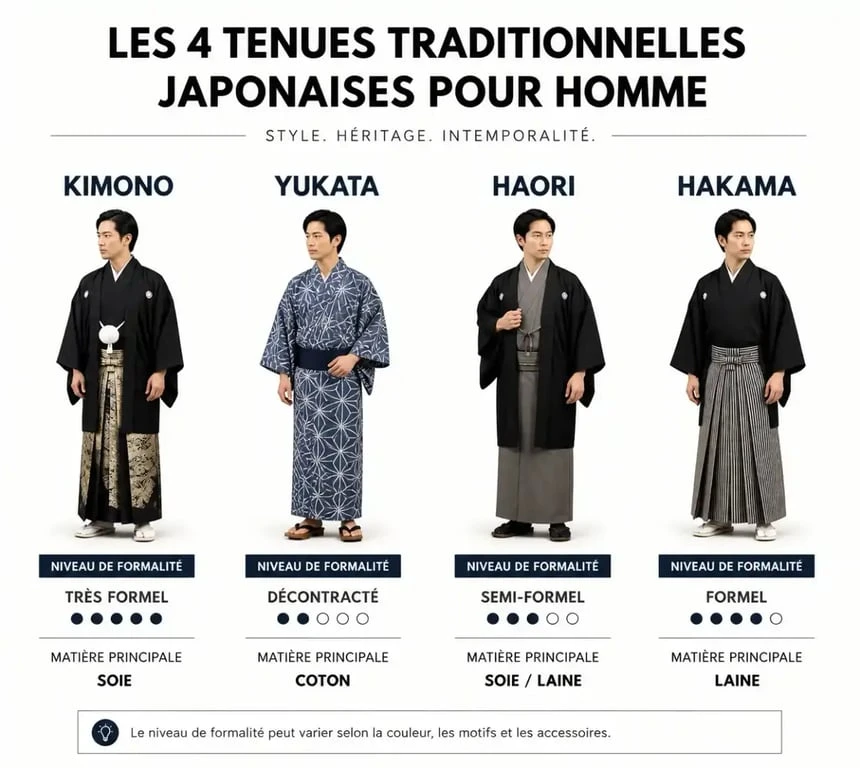 Infographie comparative des vêtements japonais pour homme : Kimono, Yukata, Haori et Hakama
