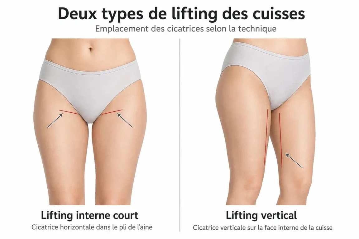 Schéma comparatif des techniques de lifting des cuisses pour traiter les cuisses flasques : cicatrice horizontale vs verticale.