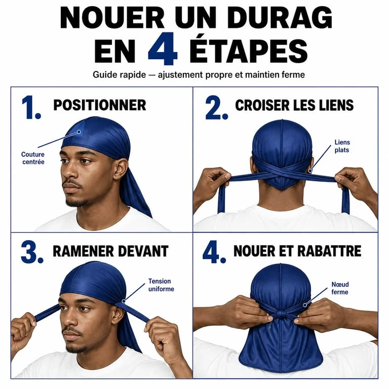 Infographie illustrant les étapes pour nouer un durag rag pour des waves parfaites