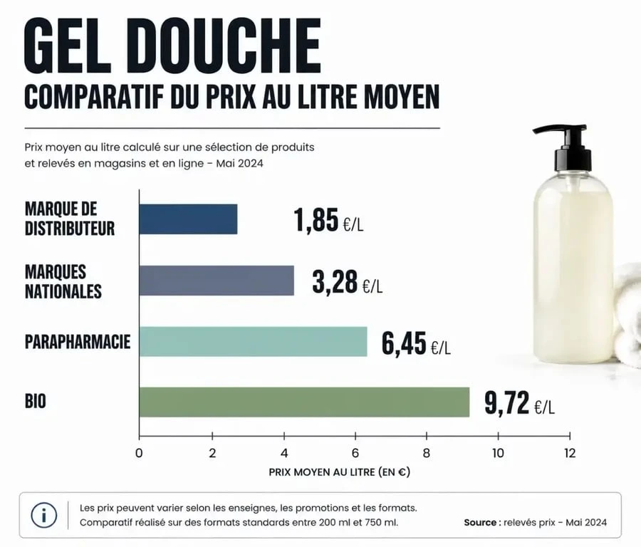 Comparatif du prix au litre des gels douche par gamme de produit pour optimiser son budget hygiène