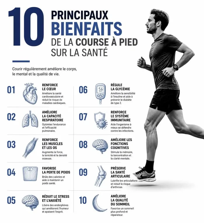 Infographie des 10 bienfaits de la course à pied sur la santé physique et mentale