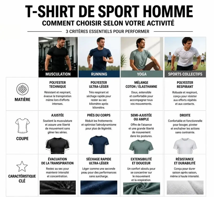 Infographie comparative pour choisir son t-shirt de sport homme selon l'activité physique