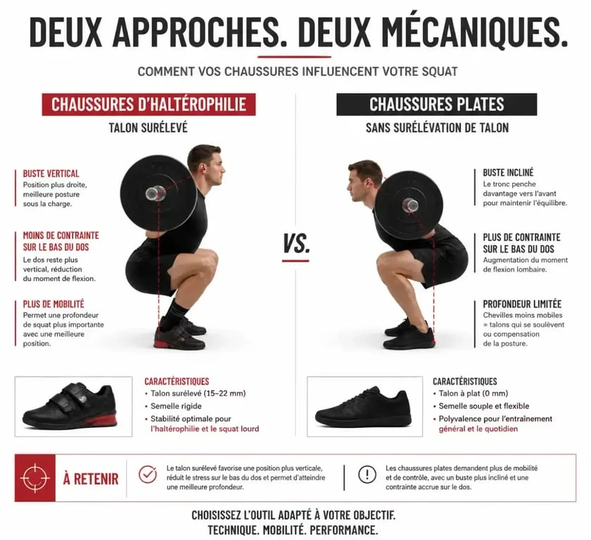 Infographie comparative : chaussures d'haltérophilie vs chaussures plates pour le squat