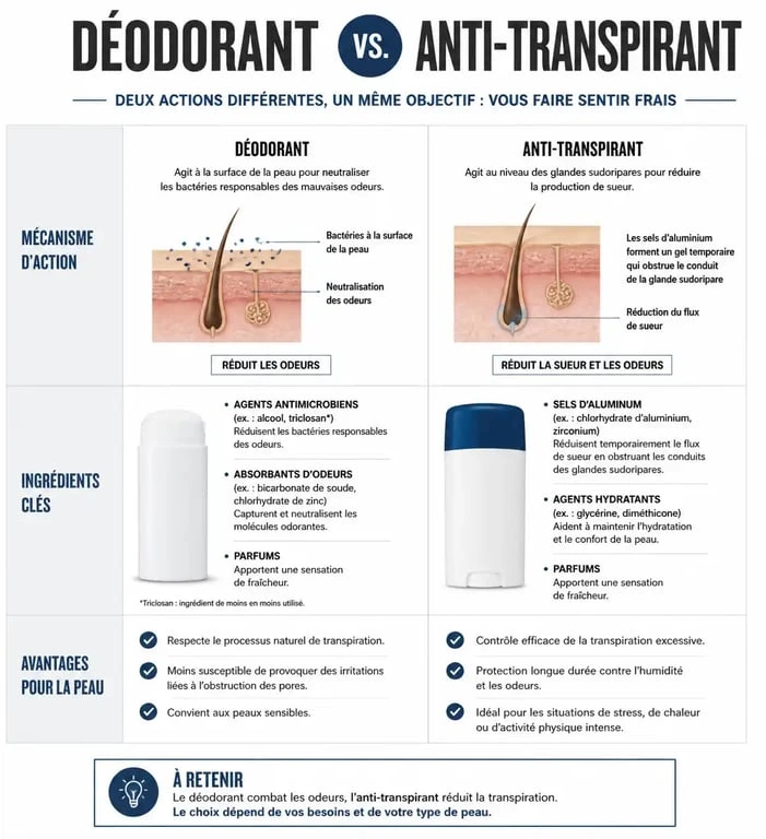 Infographie comparative : déodorant vs anti-transpirant pour homme, choisir le meilleur déodorant pour homme selon ses besoins