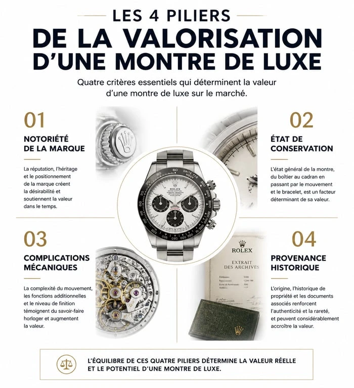 Infographie des critères de valorisation pour investir dans une montre de luxe