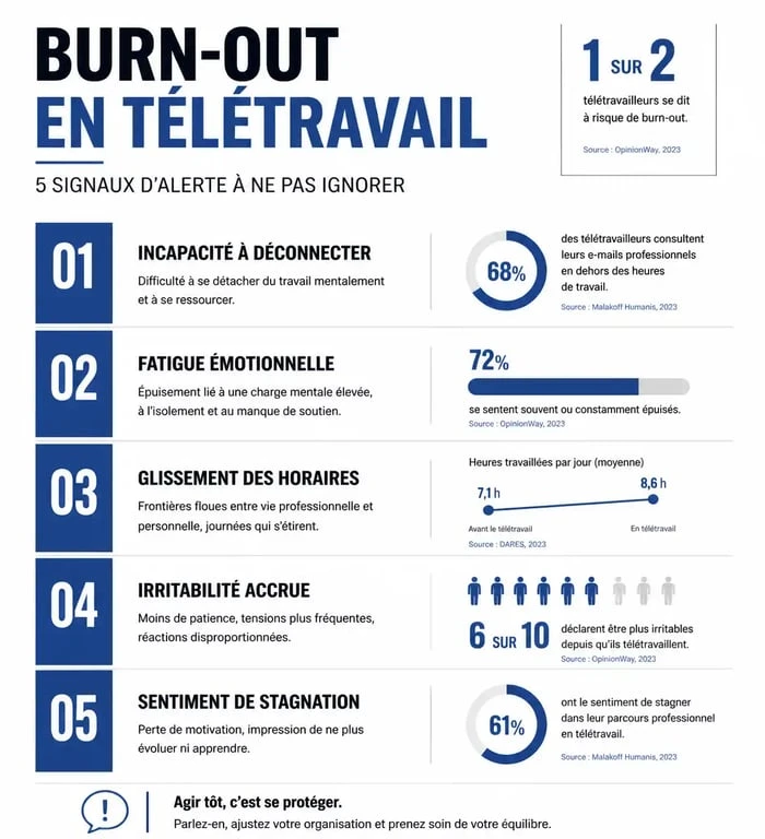 Infographie des 5 signaux d'alerte du burn-out en télétravail