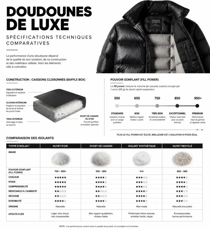 Comparatif technique des marques de doudoune de luxe : isolation, construction et indice de gonflant