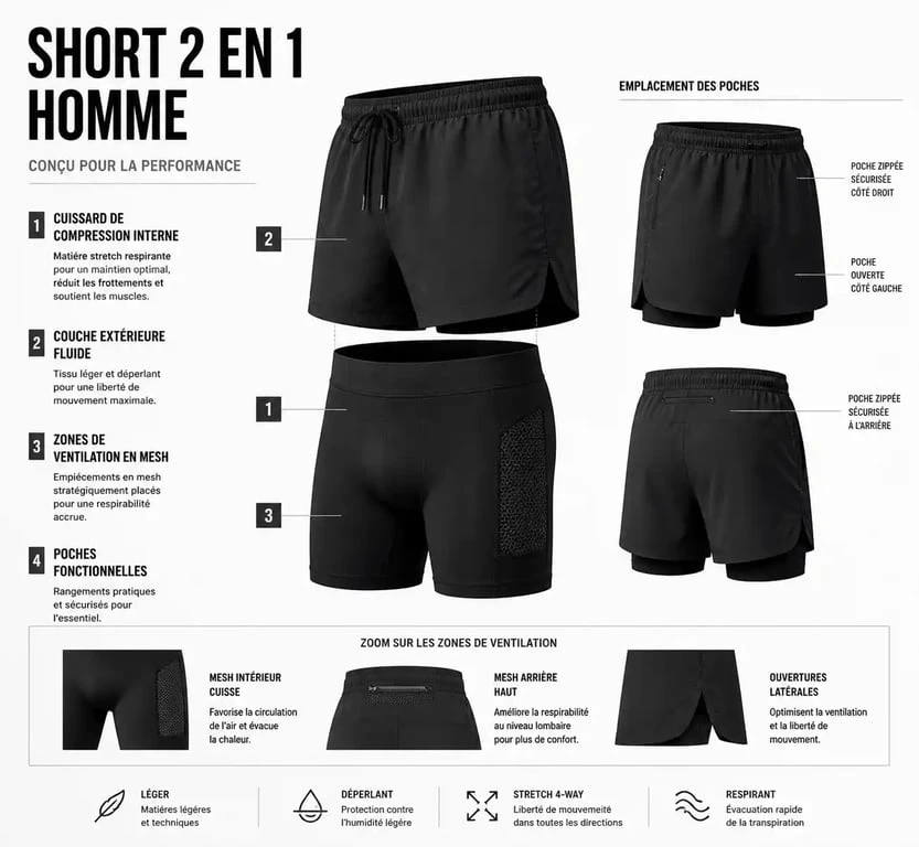 Schéma technique des composants d'un short 2 en 1 homme pour le sport
