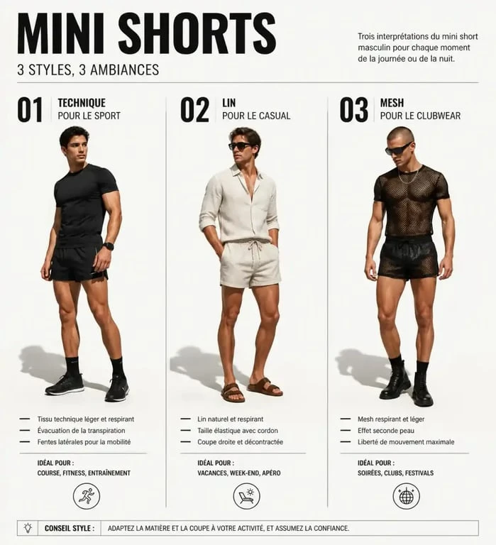 Infographie guide de style mini short homme : choisir son mini short selon l'usage et la matière