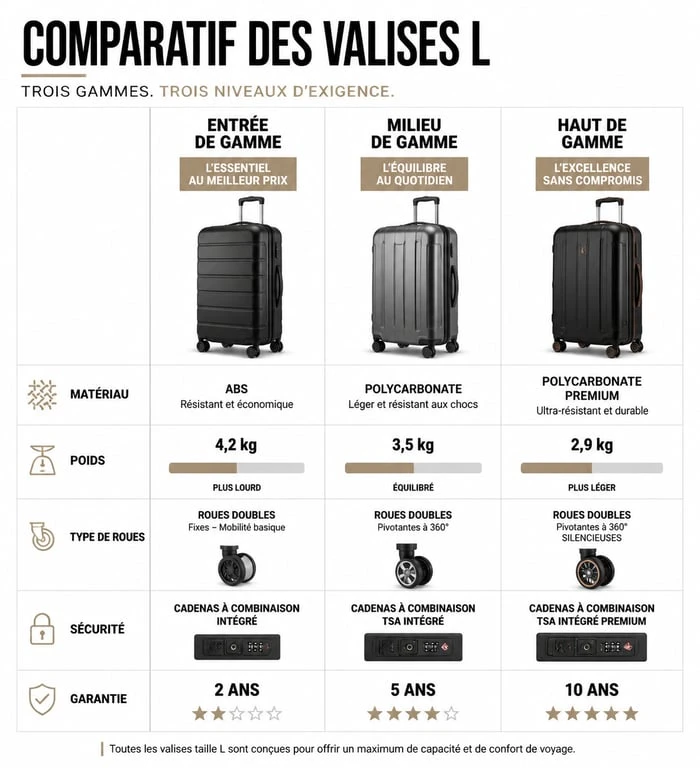 Comparatif des caractéristiques techniques des valises L : entrée, milieu et haut de gamme pour choisir sa valise de voyage.
