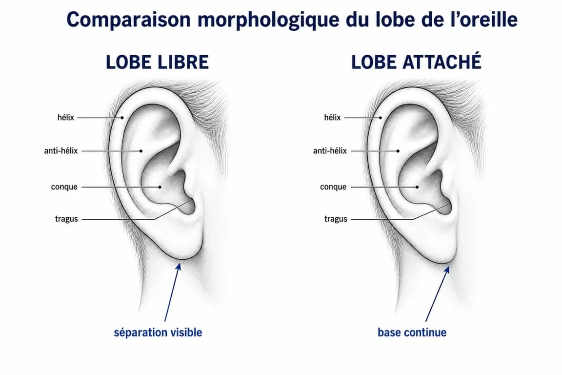 Schéma comparatif illustrant la différence morphologique entre un lobe d'oreille libre et un lobe d'oreille attaché.