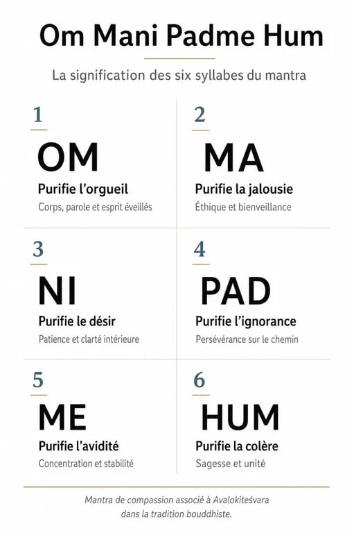 Infographie explicative de la signification spirituelle du tatouage Om Mani Padme Hum