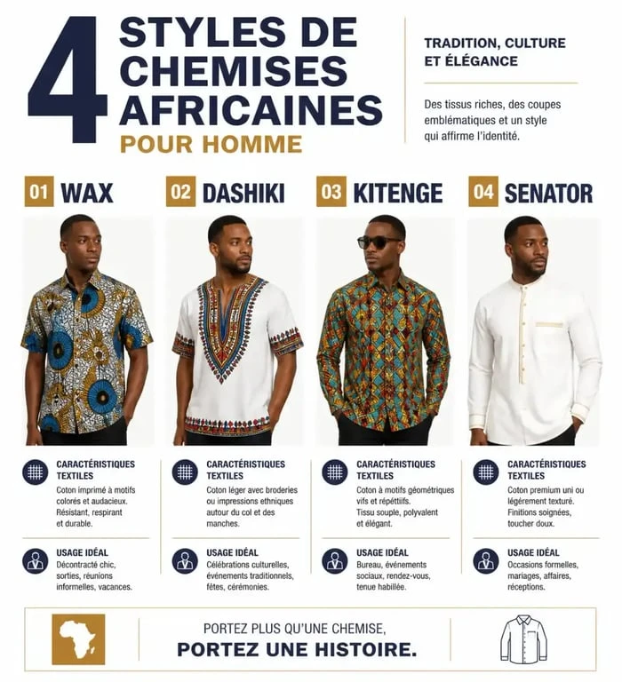 Infographie comparative des styles de chemise africaine homme : Wax, Dashiki, Kitenge et Senator