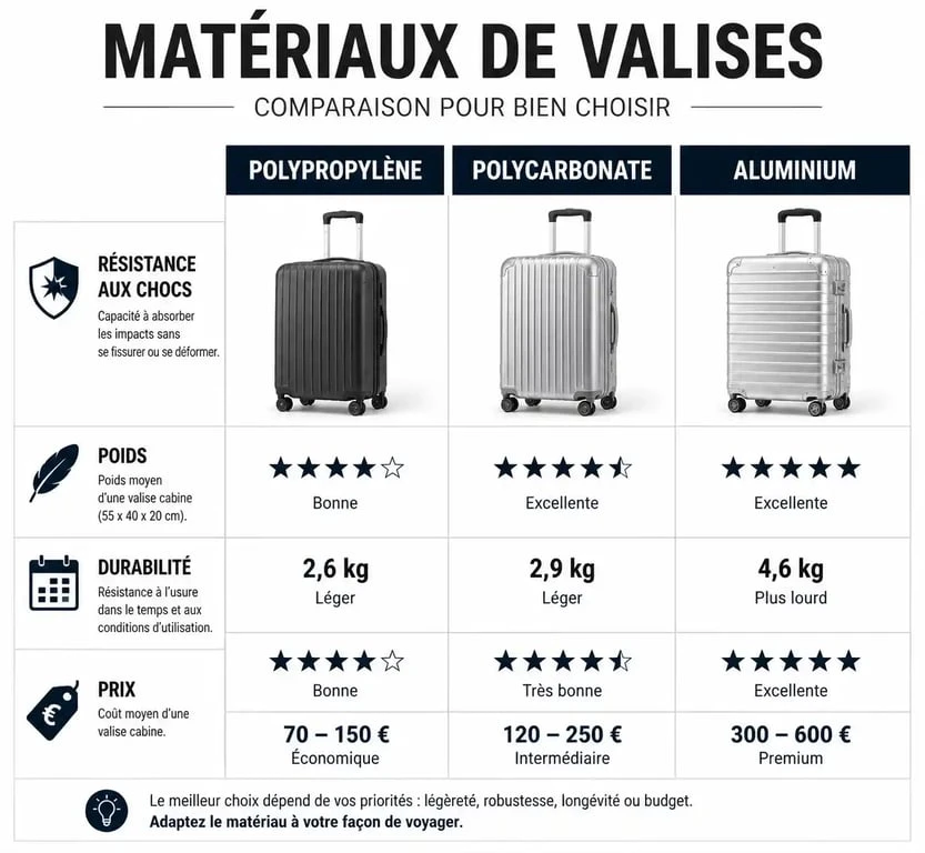 Infographie comparative des matériaux pour valise résistante : polypropylène, polycarbonate et aluminium
