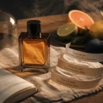 Giorgio Armani parfum homme sur table : flacon ambré et agrumes, 4 gammes iconiques