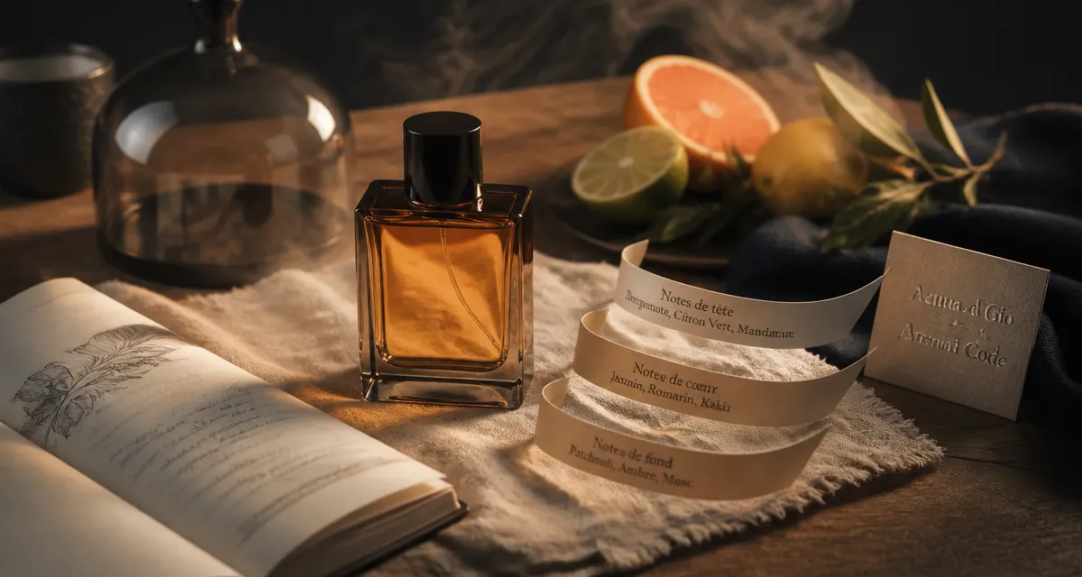 Giorgio Armani parfum homme sur table : flacon ambré et agrumes, 4 gammes iconiques