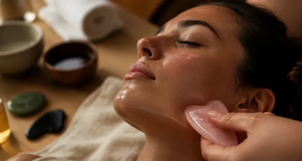 Gua sha bienfaits : pierre de quartz rose sur la mâchoire, peau éclatante et hydratée