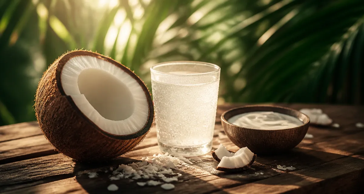 les bienfaits de la noix coco sur table rustique