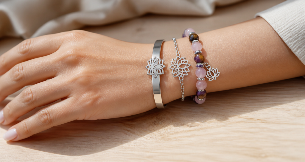 lotus flower bracelet acier argent pierres naturelles main femme