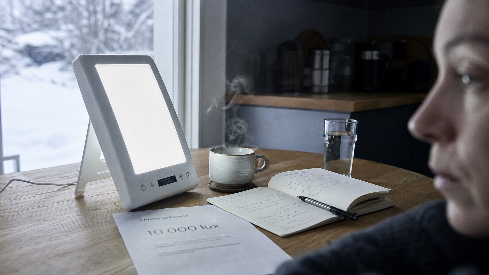 Luminothérapie meilleure lampe : lampe 10 000 lux en cuisine, lumière froide