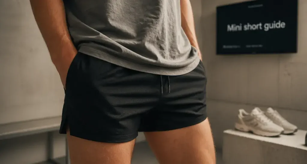 Mini short homme noir ajusté, t-shirt oversize gris, look tendance sans faux pas