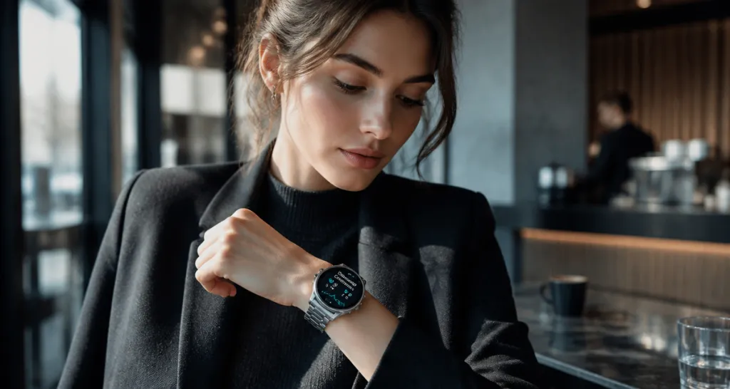 Femme élégante portant montre connectée meilleure autonomie