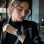 Femme élégante portant montre connectée meilleure autonomie