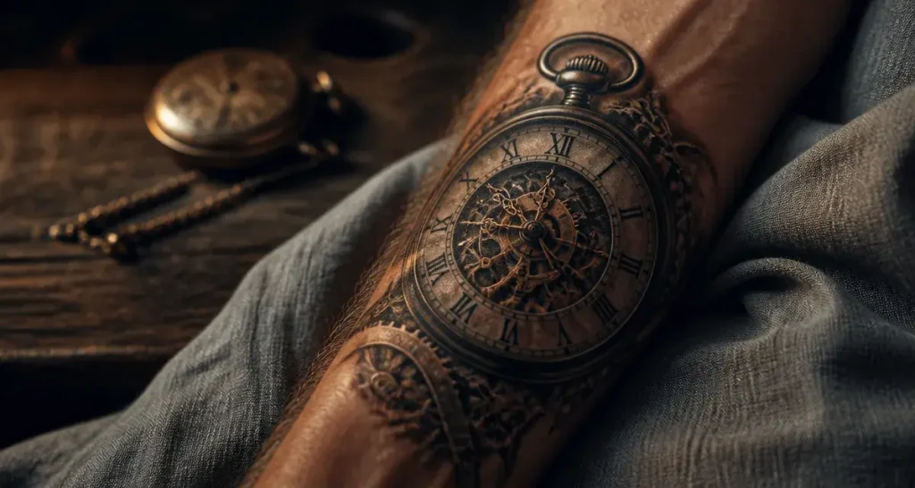 Tatouage montre gousset réaliste : cadran et rouages sous la peau