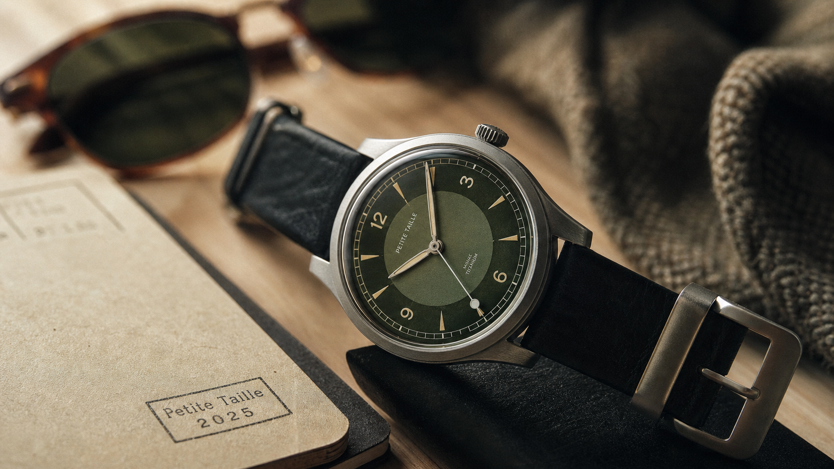 Montre homme 2025 néo-vintage titane 39 mm, cadran vert sapin