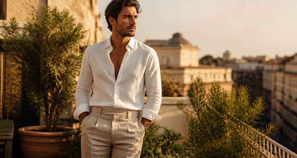 pantalon lin beige pour homme sur terrasse