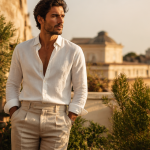 pantalon lin beige pour homme sur terrasse