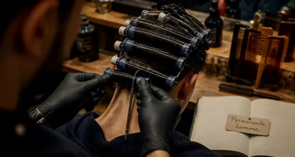 Permanente cheveux homme en salon : coiffeur enroule des mèches
