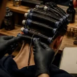 Permanente cheveux homme en salon : coiffeur enroule des mèches