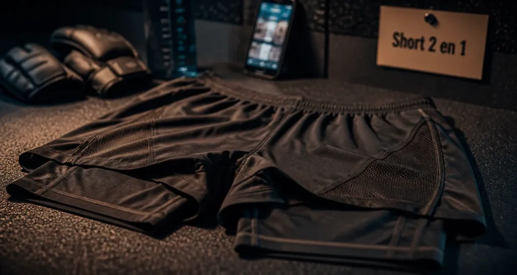 Short 2 en 1 homme, vue en intérieur sur tapis de sport