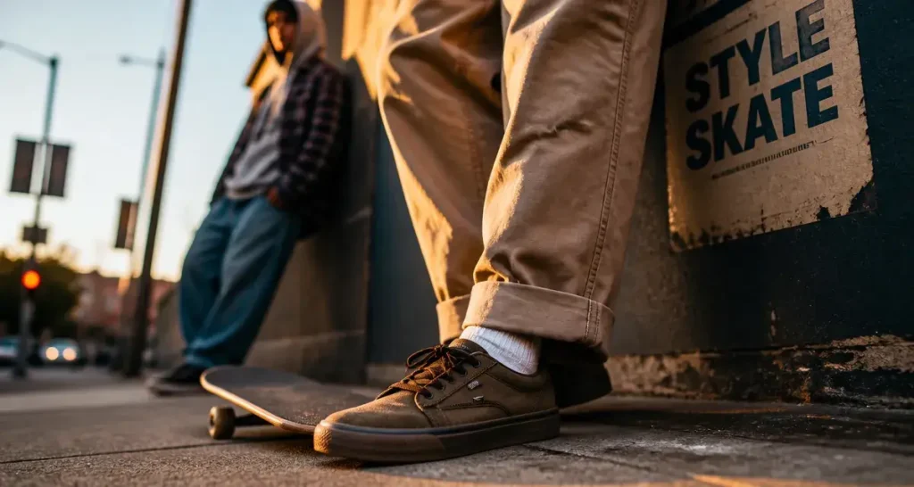Style skateur homme : pantalon baggy et hoodie, chaussures daim sur planche de skate