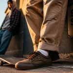 Style skateur homme : pantalon baggy et hoodie, chaussures daim sur planche de skate