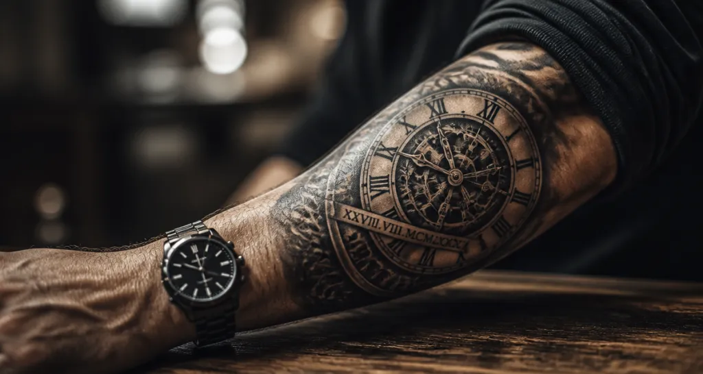 Tatouage horloge date de naissance sur avant-bras masculin