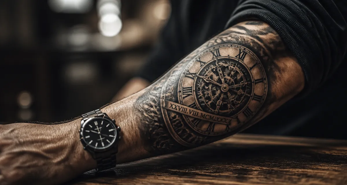 Tatouage horloge date de naissance sur avant-bras masculin