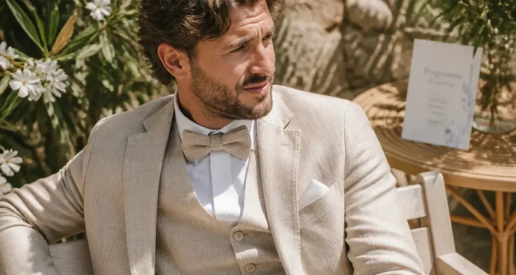Tenue mariage homme été en lin beige respirant, homme en extérieur