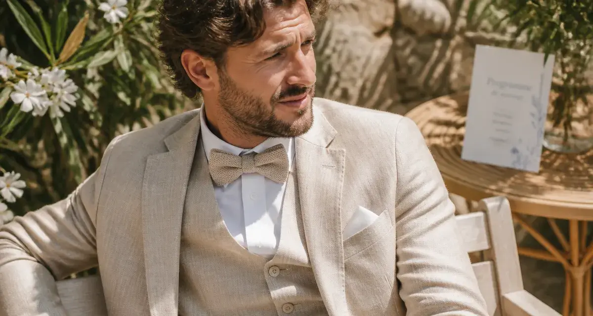 Tenue mariage homme été en lin beige respirant, homme en extérieur