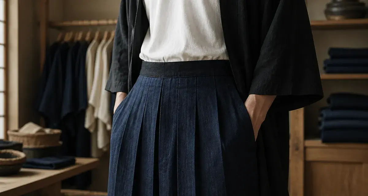 Hakama bleu nuit sur vêtement japonais homme