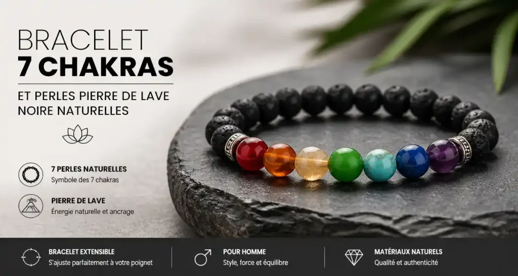 Bracelet 7 chakras et perles pierre de lave noire naturelles